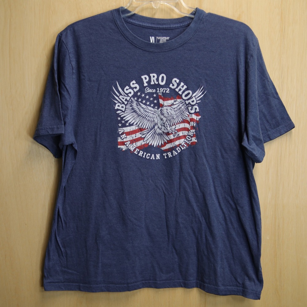 Bass Pro Shops Mens XL Navy Blue Eagle American Flag Graphic T-Shirt 1972